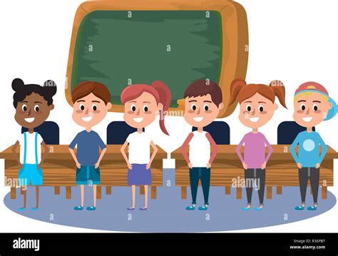 Elementary School Students In Front Board Cartoon Vector Illustration
