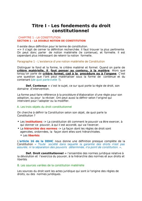 Droit Constitutionel Cours Complet Titre I Les Fondements Du