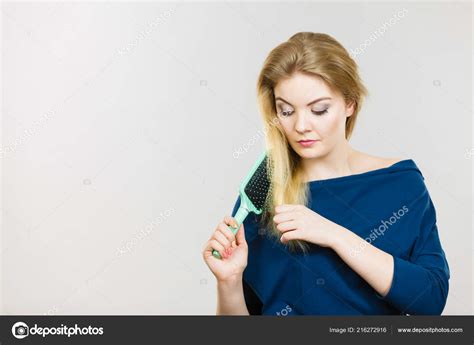 Woman Combing Her Hair Brush Young Female Beautiful Natural Blond Stock