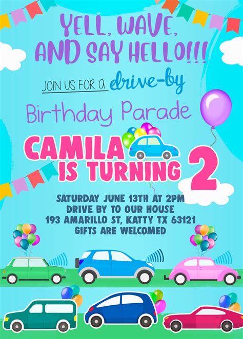 Drive By Birthday Parade Invite Colorful Card