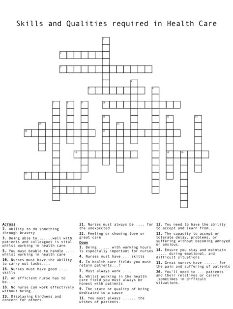 Skills And Qualities Required In Health Care Crossword Wordmint