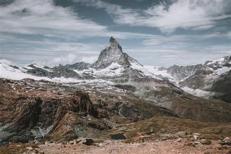 View Closeup Matterhorn Mountain Scene In National Park Zermatt Stock