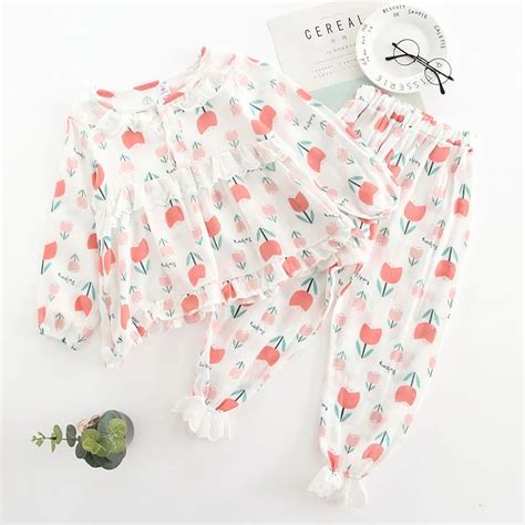 2018 New Cotton Kids Pajama Set Linen Flowers Printing Baby Girl