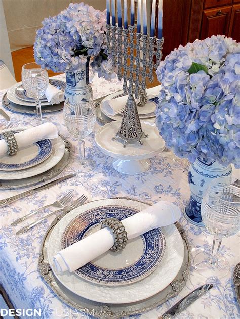 This is the perfect way to incorporate texture and color without going overboard. French Blue and White Holiday Table Setting with Toile