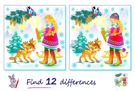 Find 12 Differences Illustration Of Little Girl In Winter Forest