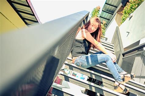 Asia Woman Posing On Ladder Stock Image Image Of Model Looking 63377525