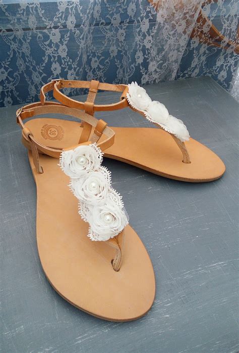 Wedding Leather Sandals With White Flowers Bridal Sandals White
