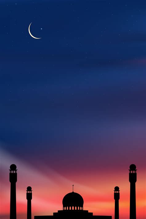 Islamic Card With Mosques Domecrescent Moon On Blue Sky Background