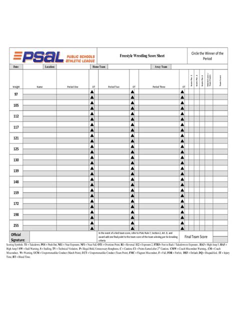 Printable Wrestling Score Sheets