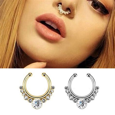 New Surgical Steel Silver Gold Titanium Plated Crystal Fake Nose Ring Septum Fake Septum