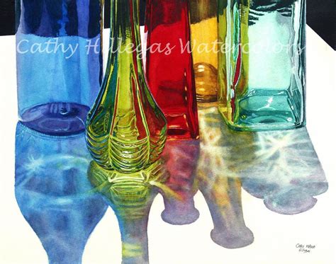 Glass Bottles In Sun Art Watercolor Painting Print By Cathy Hillegas