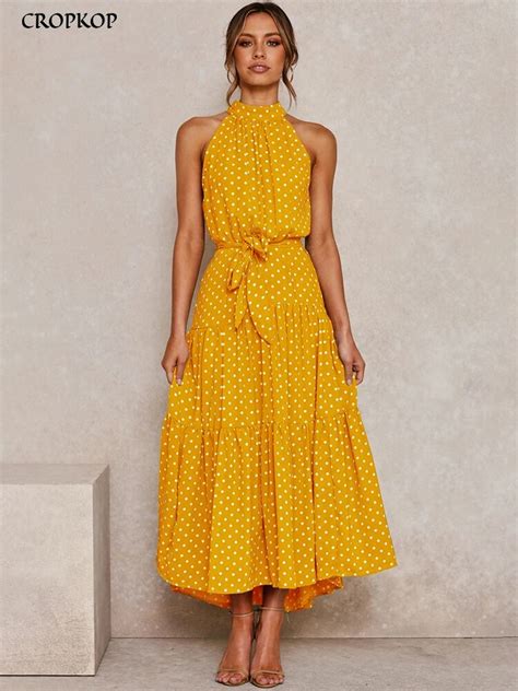 summer long dress polka dot casual dresses black sexy halter strapless new 2022 yellow sundress