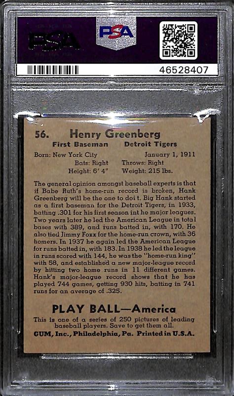Lot Detail 1939 Play Ball Hank Greenberg 56 Graded Psa 5 Ex