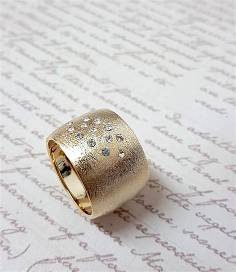 Gold Statement Ring Unique Wedding Band Wide Gold Band Cubic