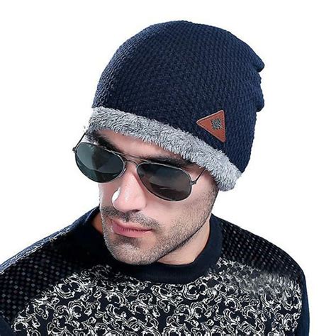 Mens Plus Velvet Warm Knitted Beanie Hat Mens Winter Beanies Winter