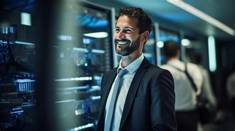 Premium Photo Happy Smiling Businessman Standing Inside Server Room