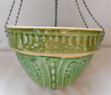 Vintage McCoy hanging planter approx 1935 green glaze | TWC Bluemoon