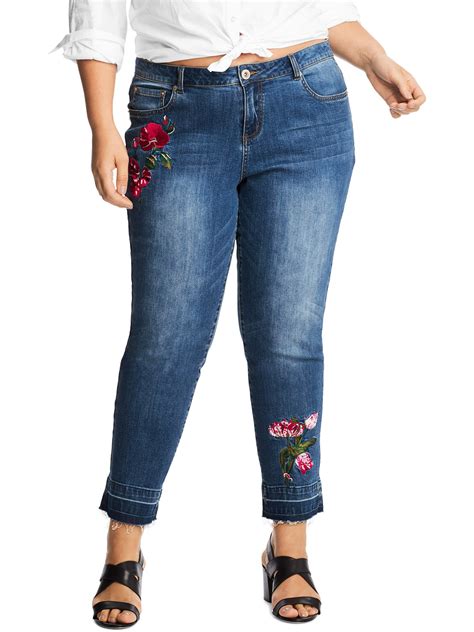 Just My Size Womens Plus Size Floral Embroidery Cropped Jeans