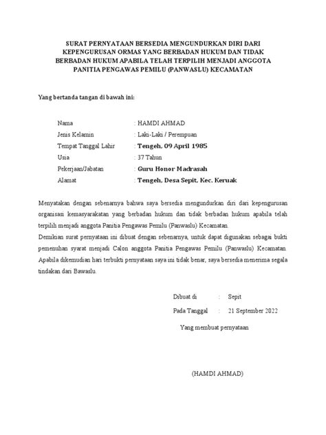 Surat Pernyataan Bersedia Mengundurkan Diri Dari Kepengurusan Ormas