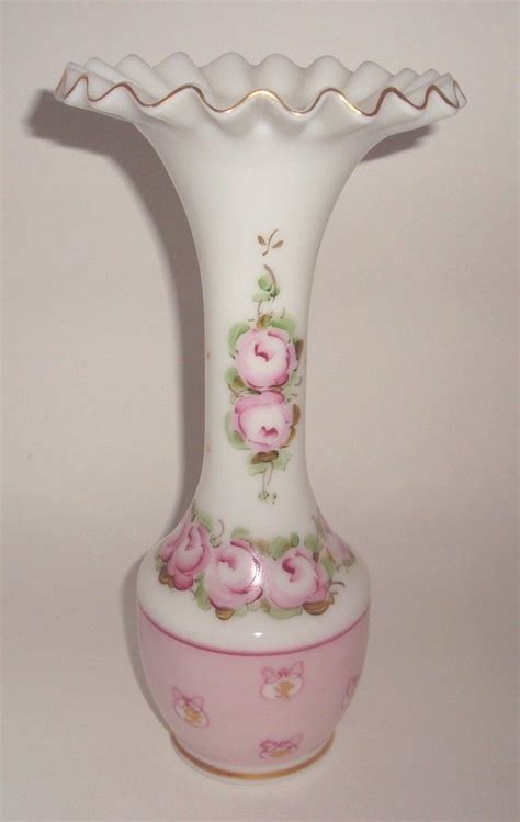 10 3 4 Tall Fenton Vase With Charleton Rose Decoration 1943 58