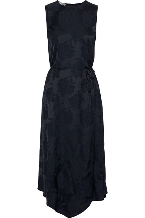 Vince Belted Floral Satin Jacquard Midi Dress Navy In Blue Lyst