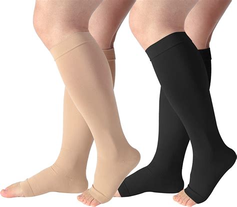 Dicco 2 Pairs Plus Size Compression Socks 20 30mmhg Wide Calf Knee High Open Toe Support Socks
