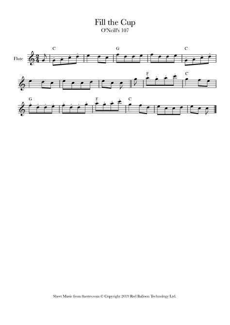 Fill The Cup Irish Folk Song Sheet Music For Flute
