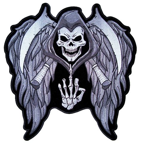 Grim Reaper Skull And Cross Scythes And Wings Middle Finger Ebay
