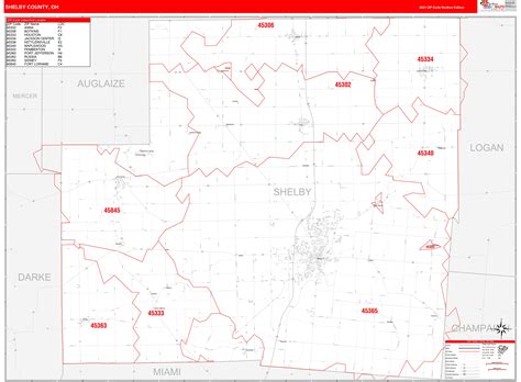 Shelby County Oh Zip Code Wall Map Red Line Style By Marketmaps Mapsales
