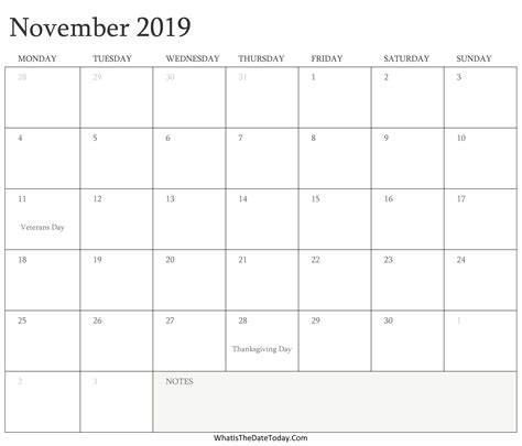 Editable Calendar November 2019 With Holidays Whatisthedatetodaycom