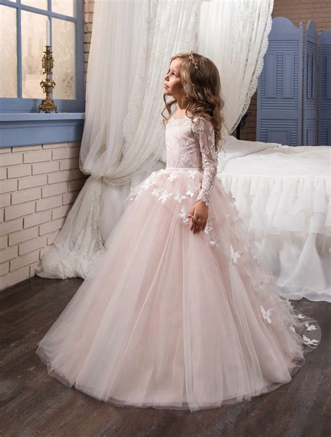 2017 Princess Long Sleeves Flower Girl Dresses Vestidos Puffy Pink Lace