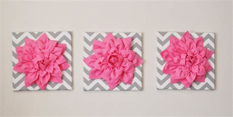 Pink Wall Art Set Of Three Pink Dahlias On Gray And White Chevron 12