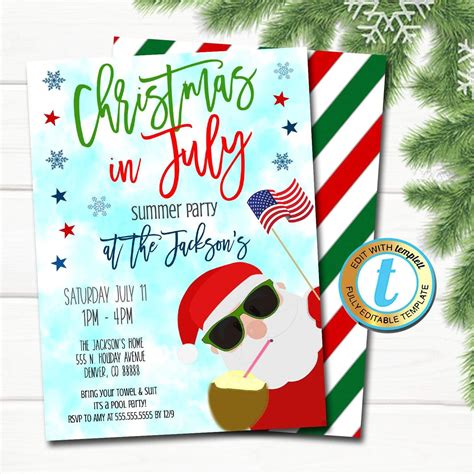 Too hot to eat turkey in december, then save it up till july. Christmas in July Invitation, Holiday Beach Santa Summer ...