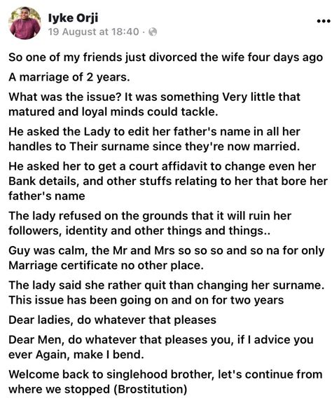 Man Divorces His Wife For Refusing To Change Her Surname To His In All