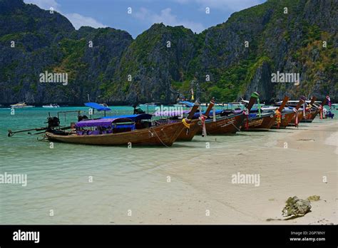 Traditional Longtail Boat Maja Beach Phi Phi Island Thailand Stock