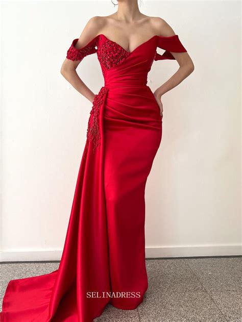 Mermaid Off The Shoulder Red Long Prom Dress Satin Evening Dresses Po Selinadress