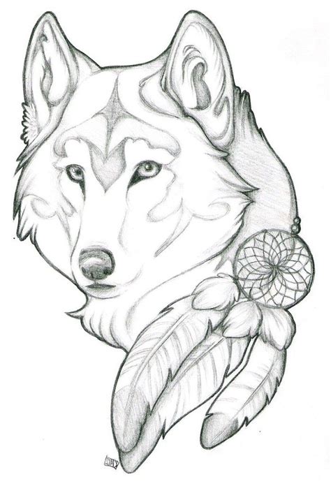 large wolf head, with a dreamcatcher, cute easy things to draw, black
