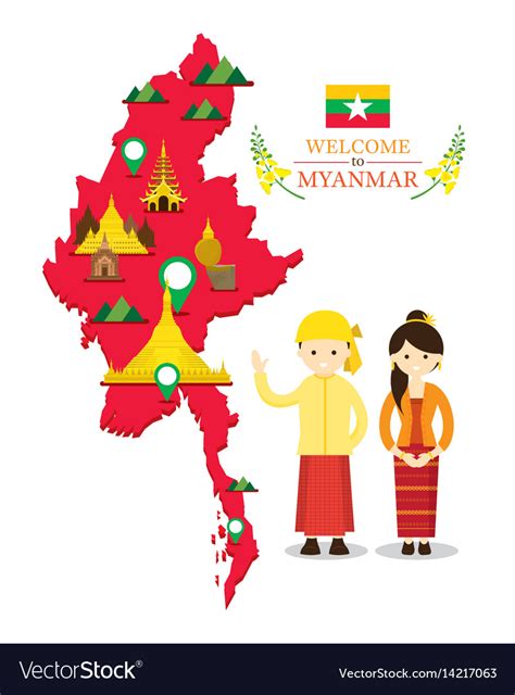 Myanmar Map And Landmarks With People Royalty Free Vector