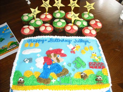 Super Mario Brothers Cake And 1up Mushroom Cupcakes Mario Birthday