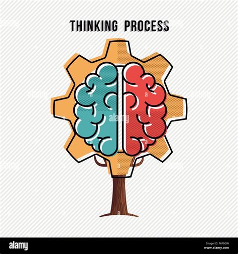 Thinking Process Concept Illustration With Human Brain And Gear Wheel