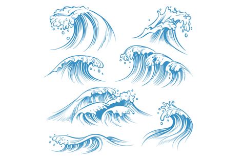Hand Drawn Ocean Waves Sketch Sea Waves Tide Splash Hand Drawn Surfi