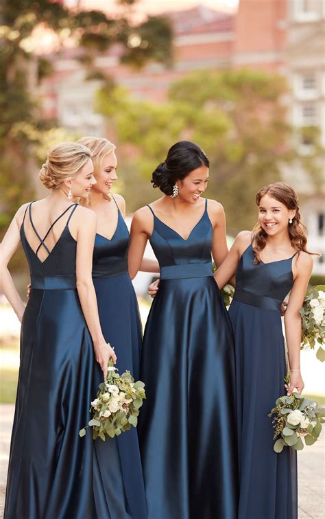 Elegant Navy Blue Satin Bridesmaid Dressspaghetti Straps Long V Neck