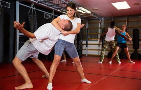 woman makes choke hold in self defense training stock image image of couple defence 237414893
