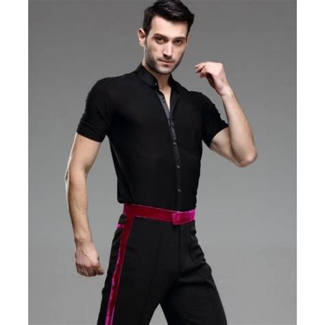 men s male man summer short sleeves standard collar black latin ballroom waltz tango salsa cha