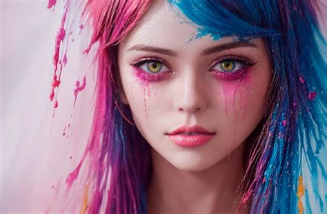 Premium Ai Image A Woman With Pink And Blue Hair And Blue Hair Looks Into The Camera