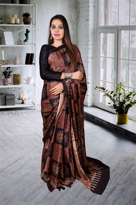 Handcrafted Modal Silk Saree With Traditional Ajrakh Prints In