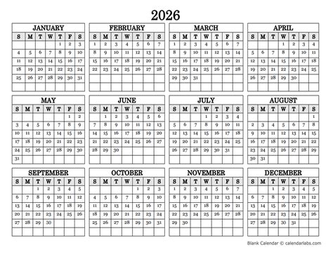 2026 Blank Yearly Calendar Landscape Free Printable Templates