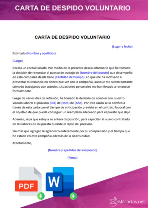 Modelo De Carta De Despido Voluntario En Word Gratis Reverasite