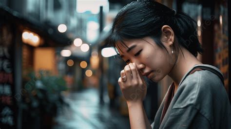 Looking Sad Asian Woman Standing Facing Street With Tears Background A Woman Who Cries And Has