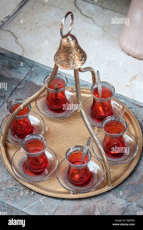 Turkish Tea Being Served In Traditional Tulip Glasses In The Old Town